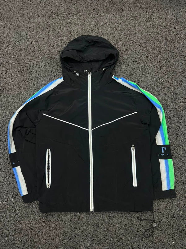 Vintage Black Hooded Windbreaker Jacket with Contrast Stripe Sleeves – Lightweight Full Zip
