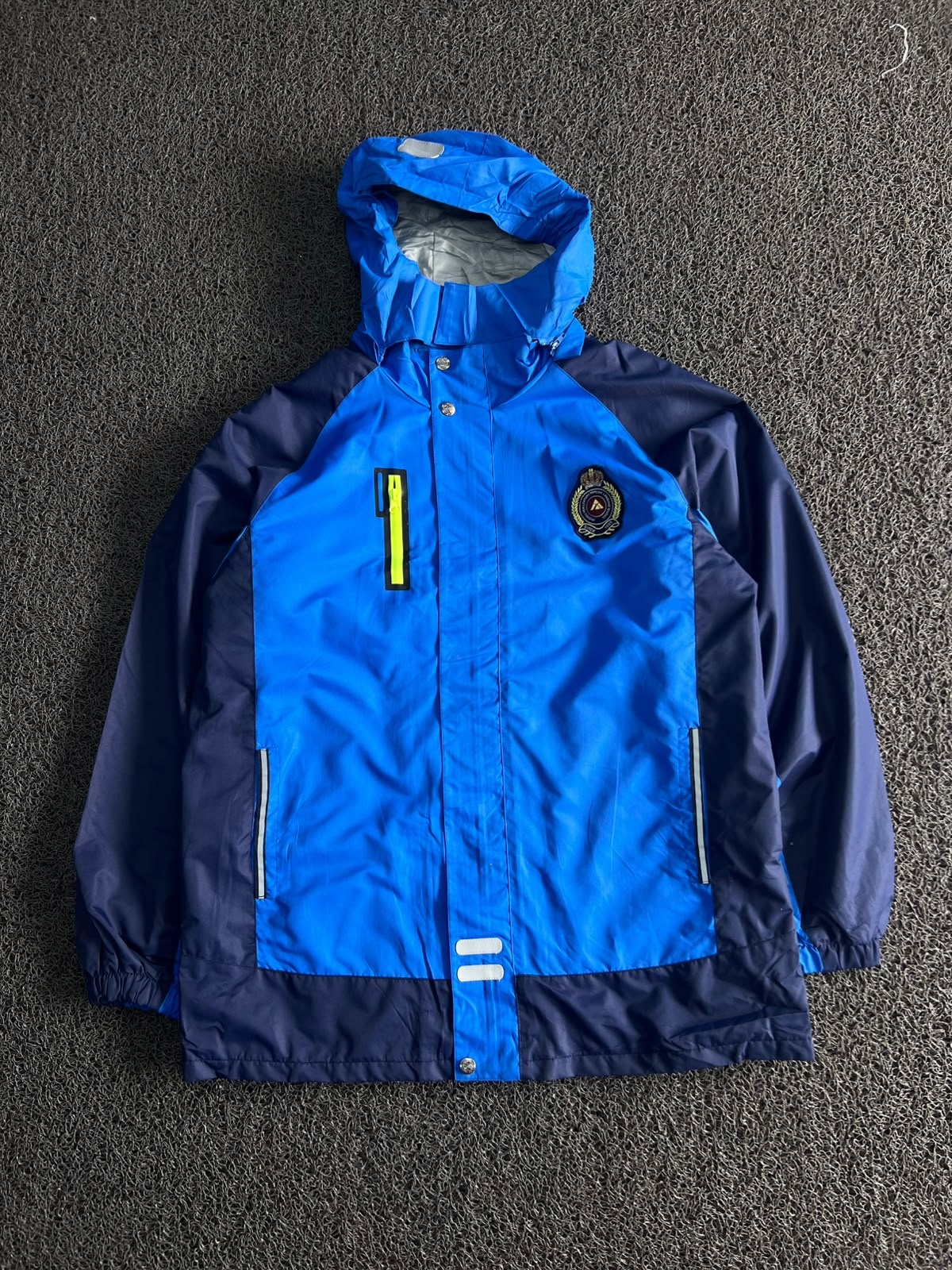 Blue Hooded Waterproof Rain Jacket with Reflective Details