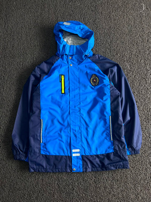 Blue Hooded Waterproof Rain Jacket with Reflective Details