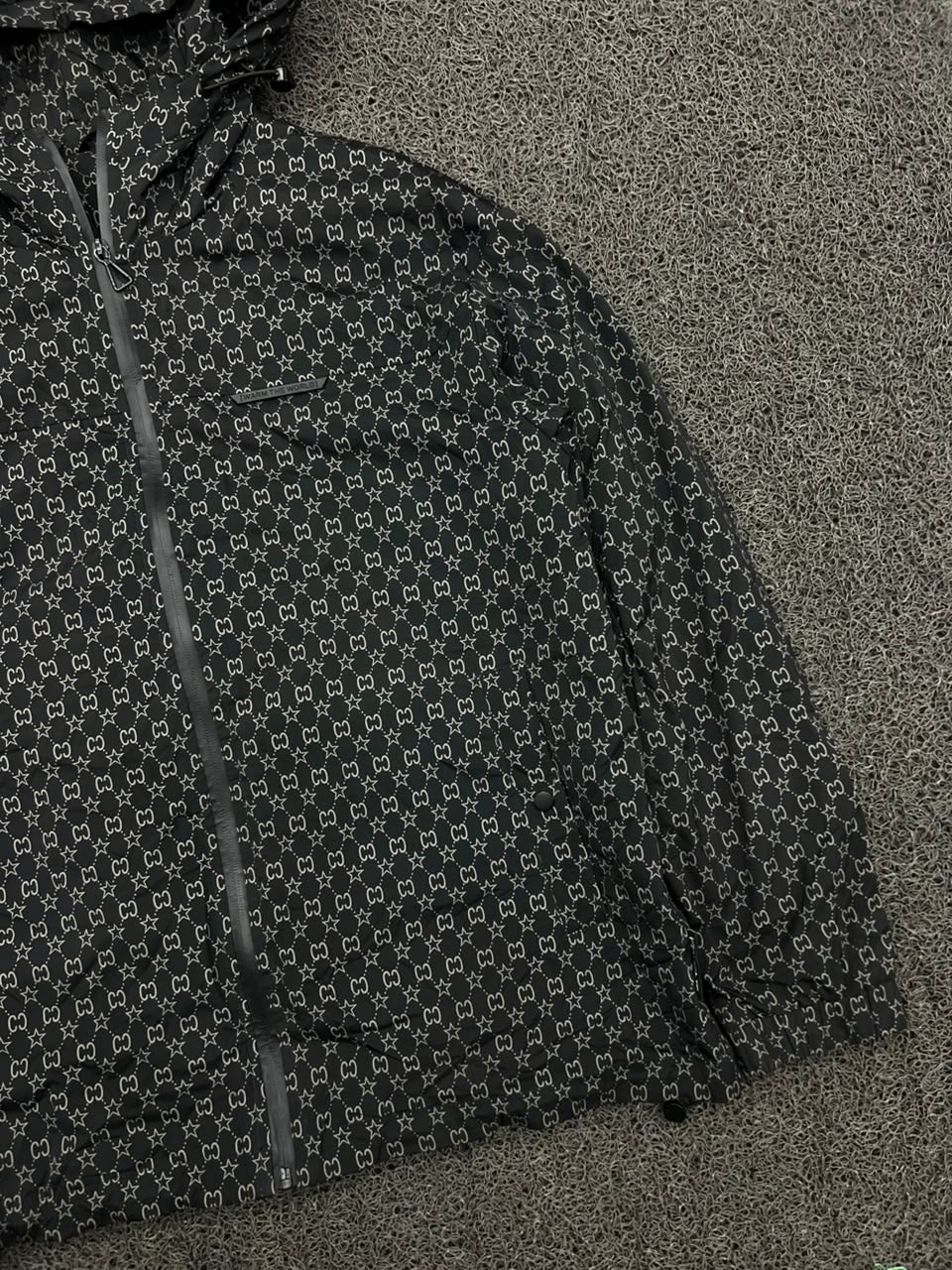 Black Monogram Print Hooded Windbreaker Jacket – Full Zip Lightweight Streetwear