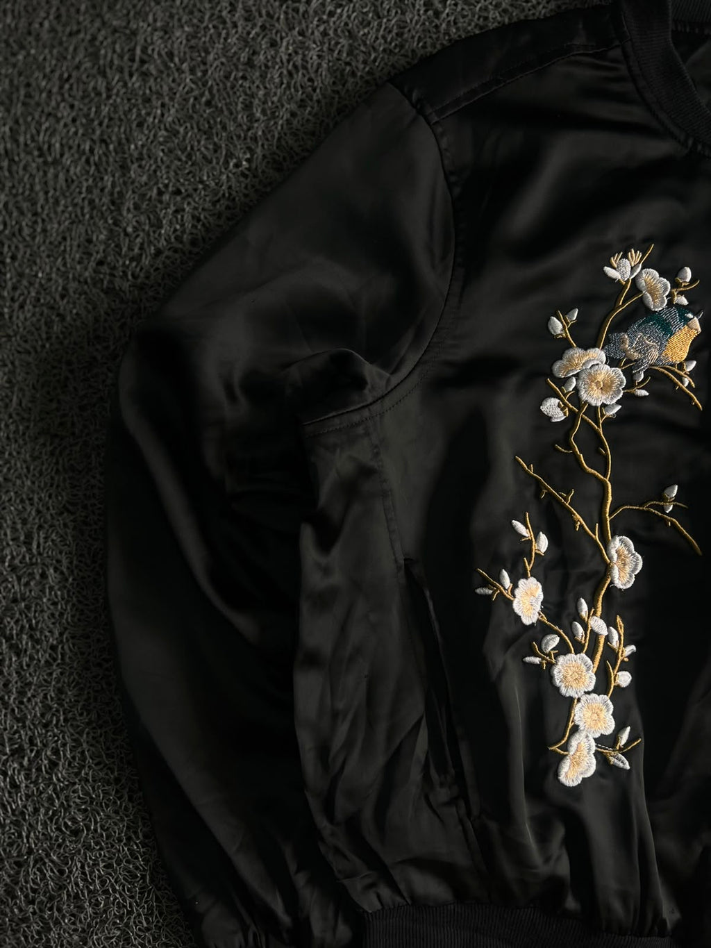 Black Satin Embroidered Floral & Bird Bomber Jacket