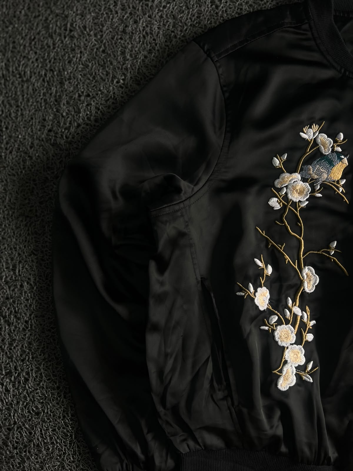 Black Satin Embroidered Floral & Bird Bomber Jacket