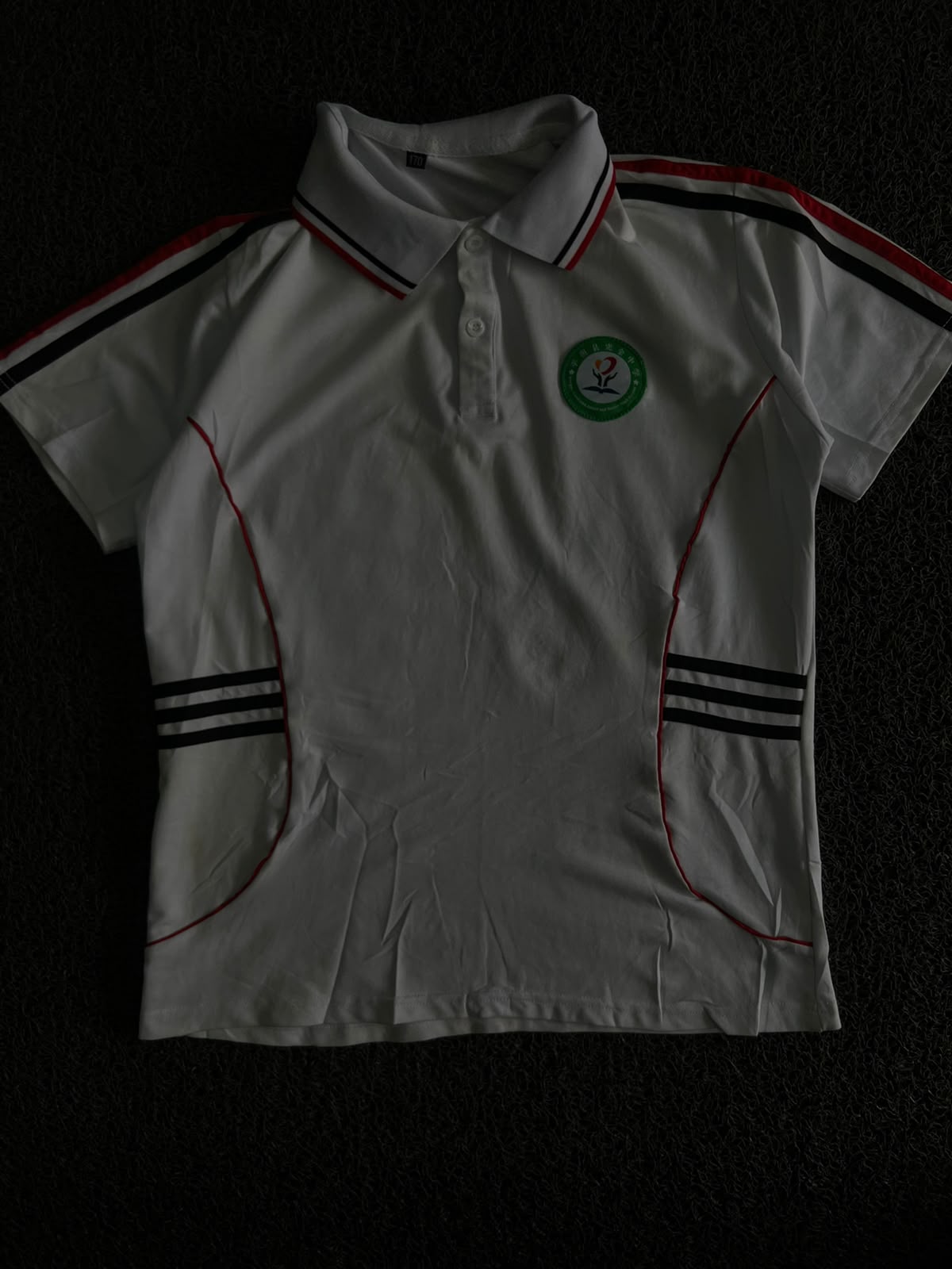 Sports Polo T-Shirt with Red & Black Stripes and Embroidered Chest Badge ⚠️ Small Stains