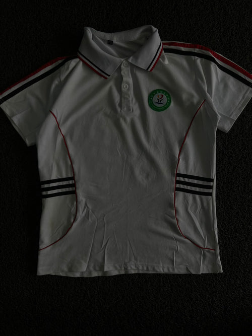 Sports Polo T-Shirt with Red & Black Stripes and Embroidered Chest Badge ⚠️ Small Stains