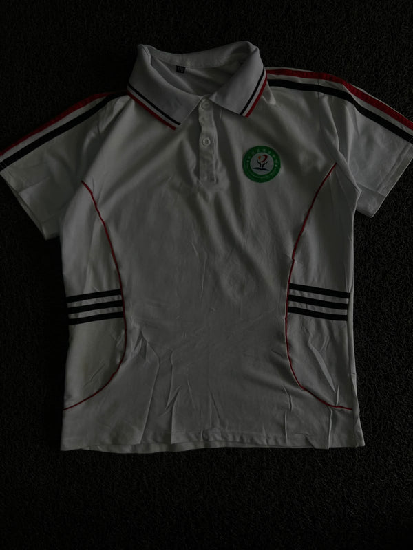 Sports Polo T-Shirt with Red & Black Stripes and Embroidered Chest Badge ⚠️ Small Stains