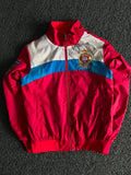 Red Colorblock Zip-Up Bomber Jacket with Embroidered Crest