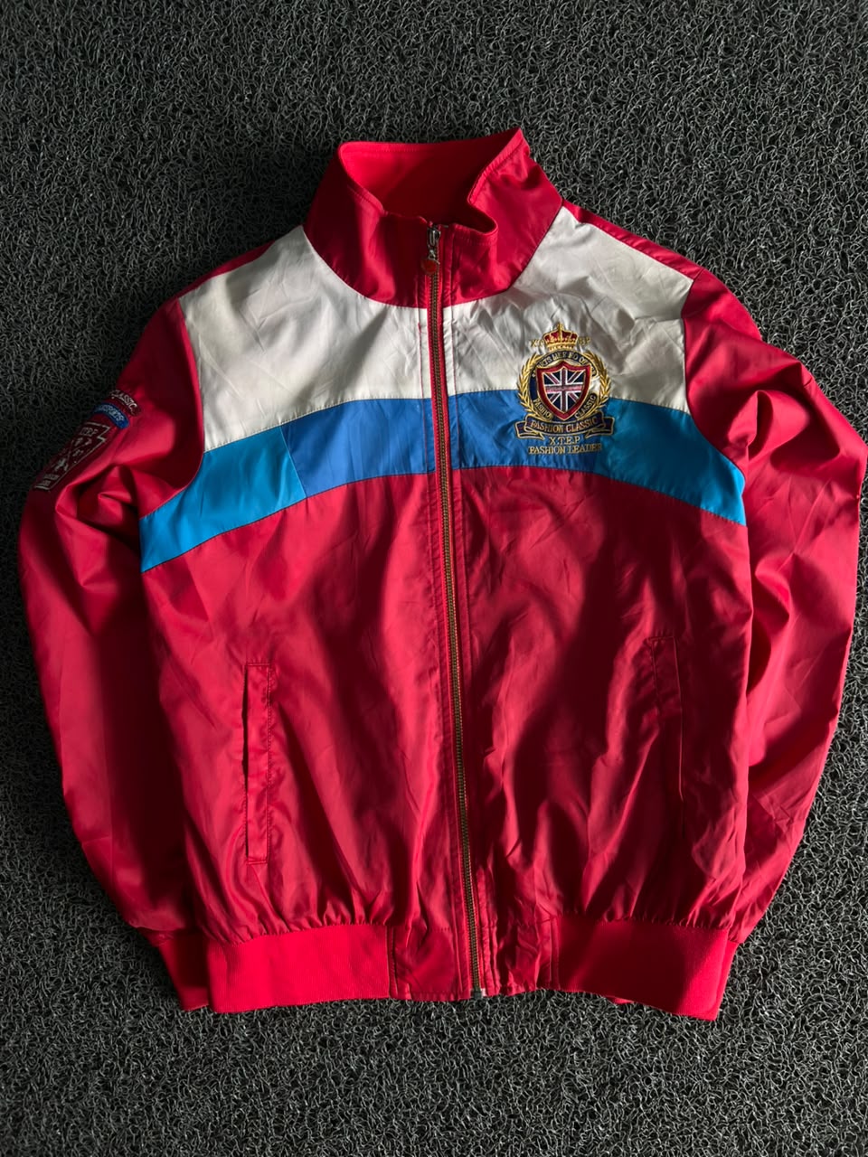 Red Colorblock Zip-Up Bomber Jacket with Embroidered Crest
