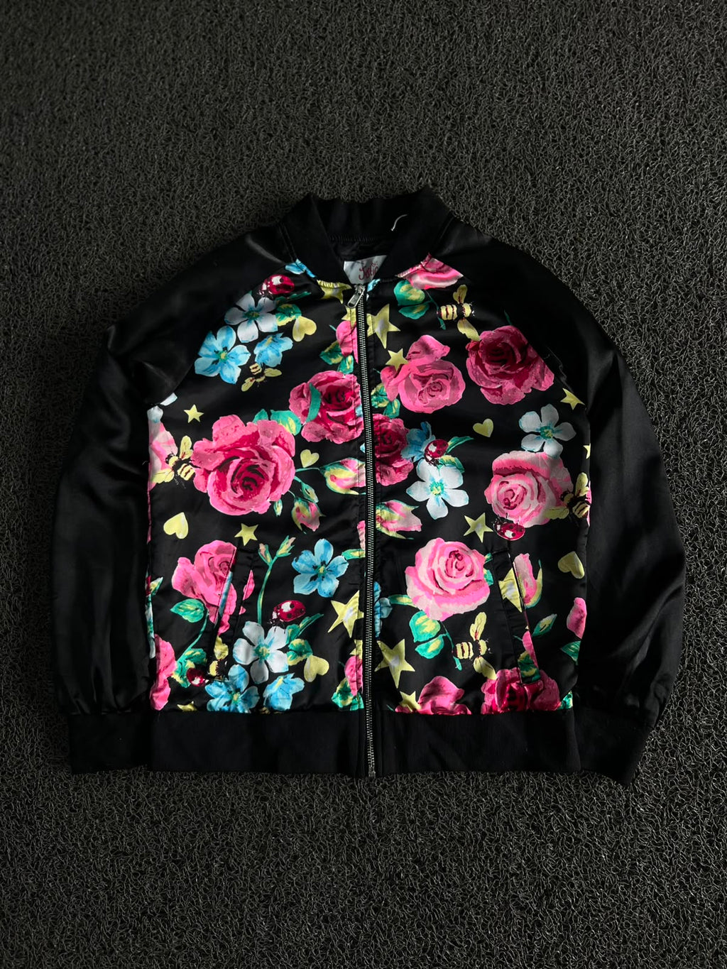 Black Floral Bomber Jacket with Full Zip