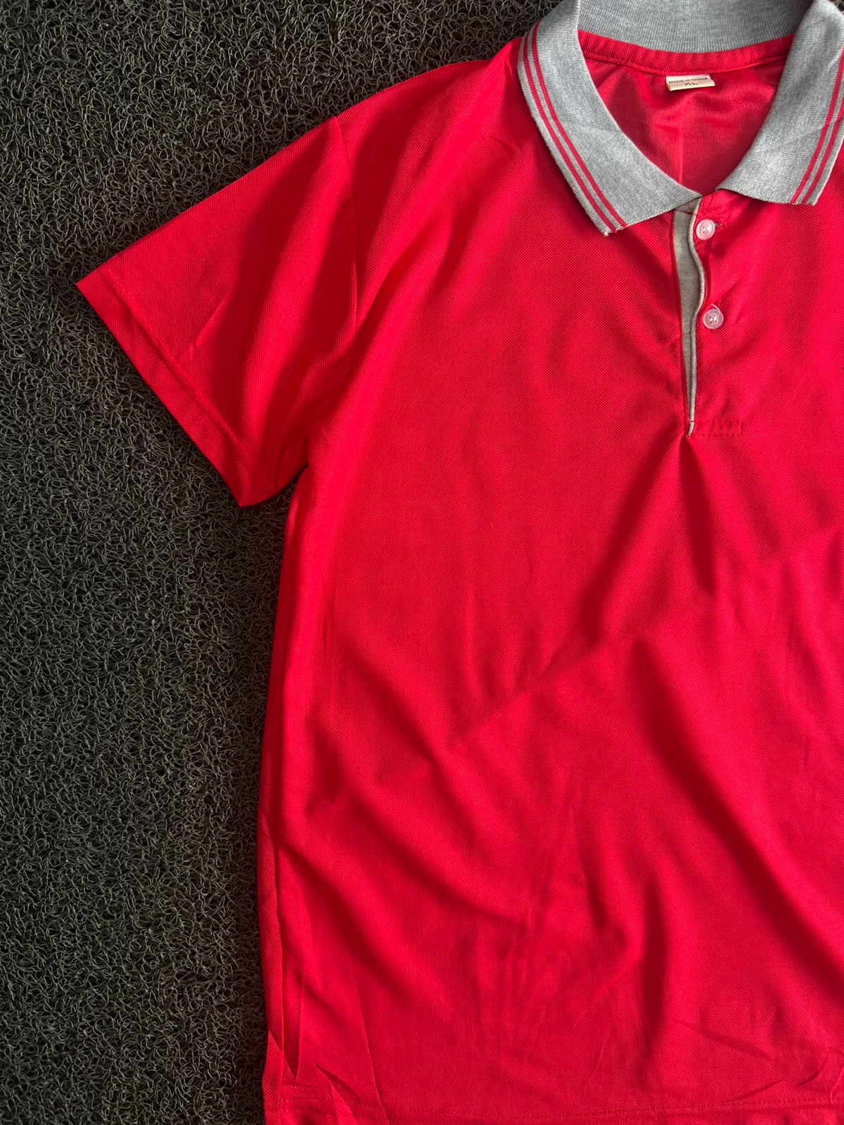 Vintage Red Graphic Polo T-Shirt – Grey Collar & Back Print