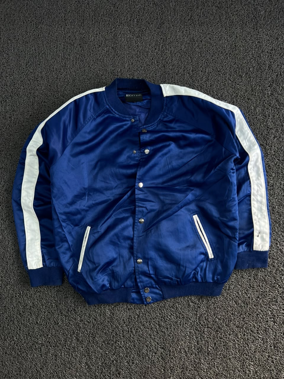 Men’s Royal Blue Satin Varsity Bomber Jacket with White Striped Sleeves
