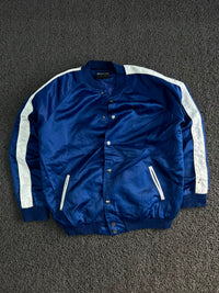 Men’s Royal Blue Satin Varsity Bomber Jacket with White Striped Sleeves