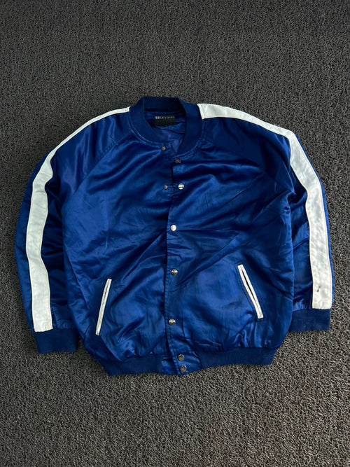 Men’s Royal Blue Satin Varsity Bomber Jacket with White Striped Sleeves