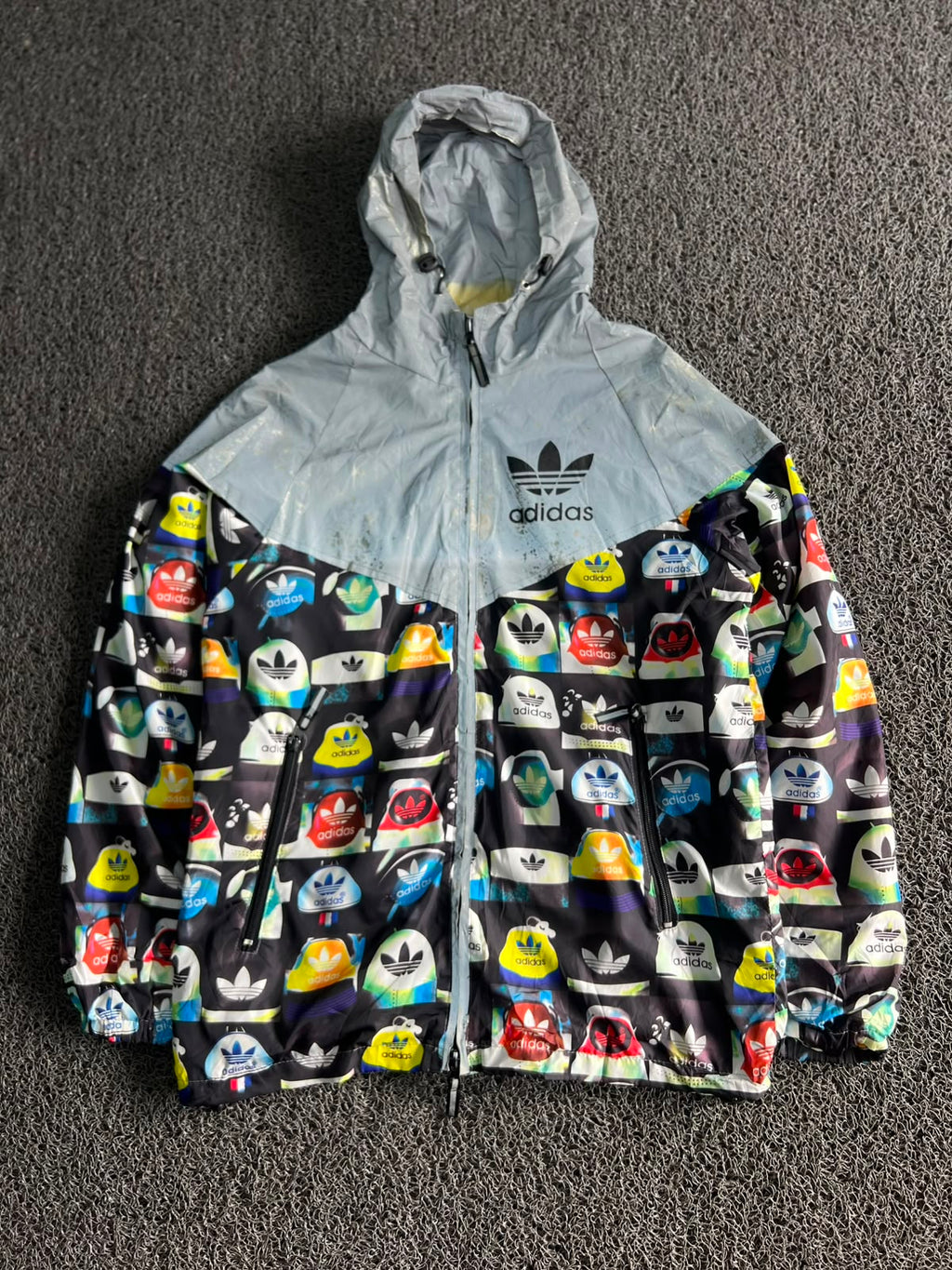 Adidas Allover Logo Print Hooded Jacket – ⚠️ Visible Stain