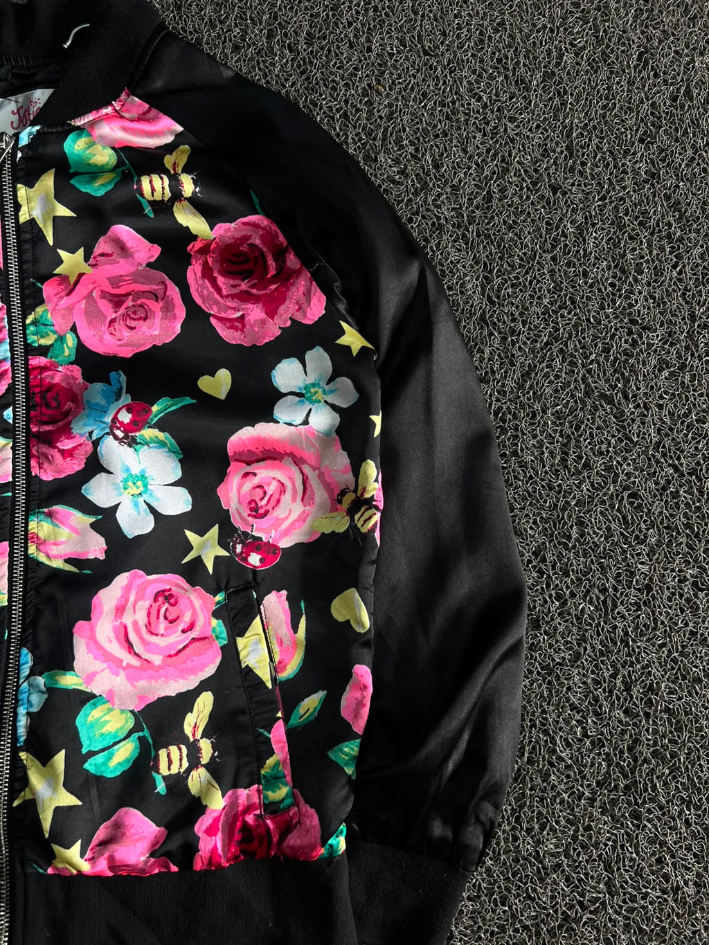 Black Floral Bomber Jacket with Full Zip