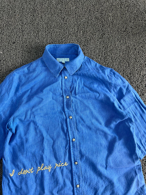 Vintage Thrift Royal Blue "I Don't Play Nice" Embroidered Short Sleeve Button-Up Shirt