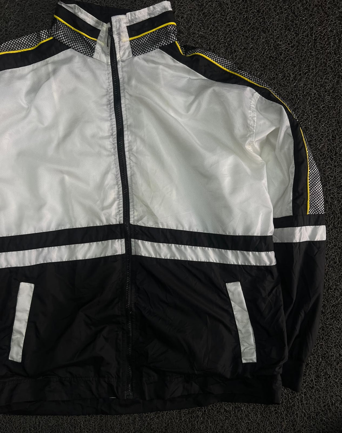 Vintage Black & White Retro Track Jacket with Yellow Piping