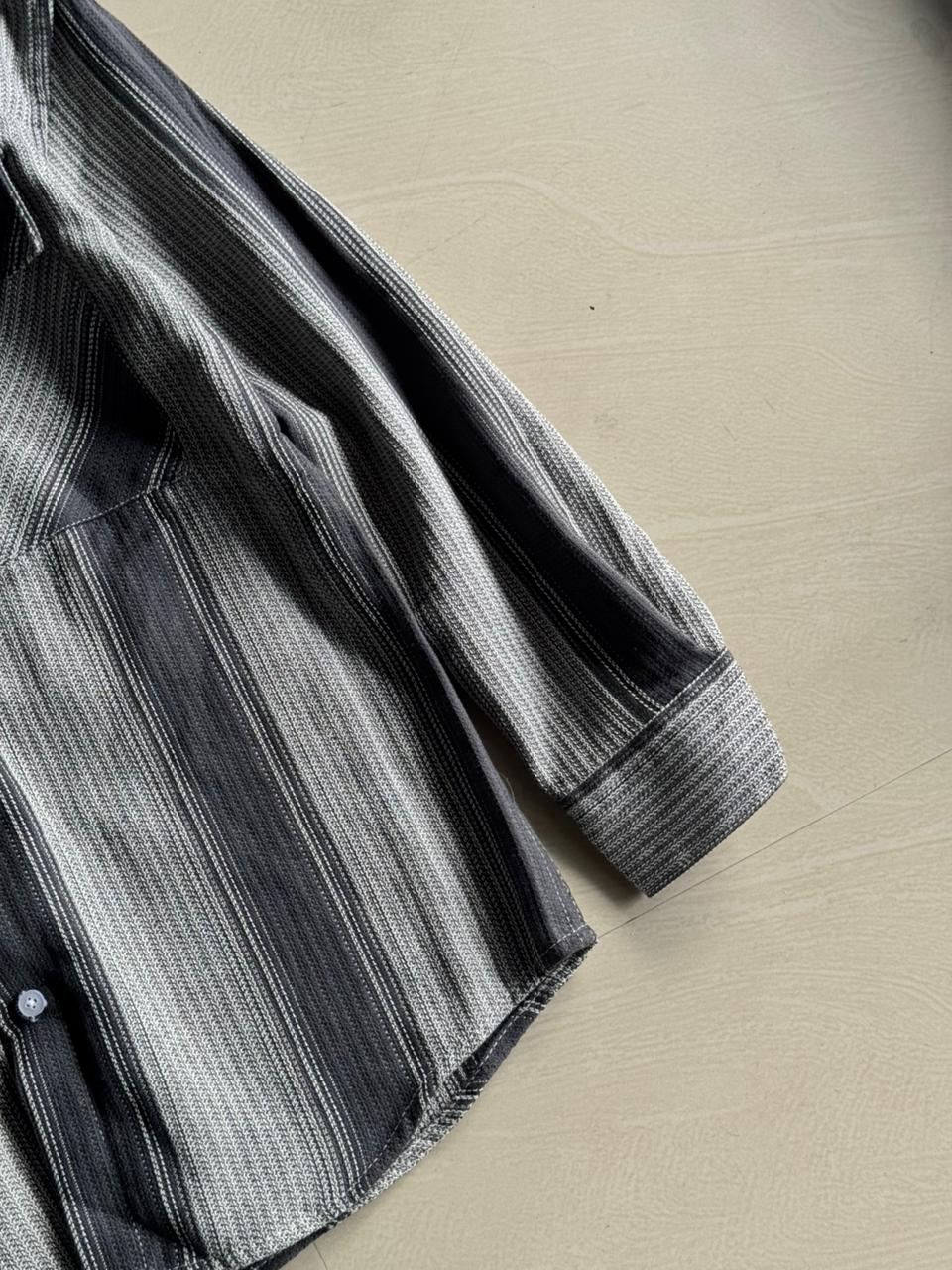 Men’s Grey Textured Stripe Long Sleeve Button-Up Shirt with Dual Chest Pockets