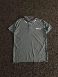 Men’s Grey Collared Polo T-Shirt with Contrast Trim & Graphic Back Print ⚠️ Small Stains