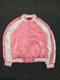 Pink & White Satin Bomber Jacket – Zip-Up Varsity Style