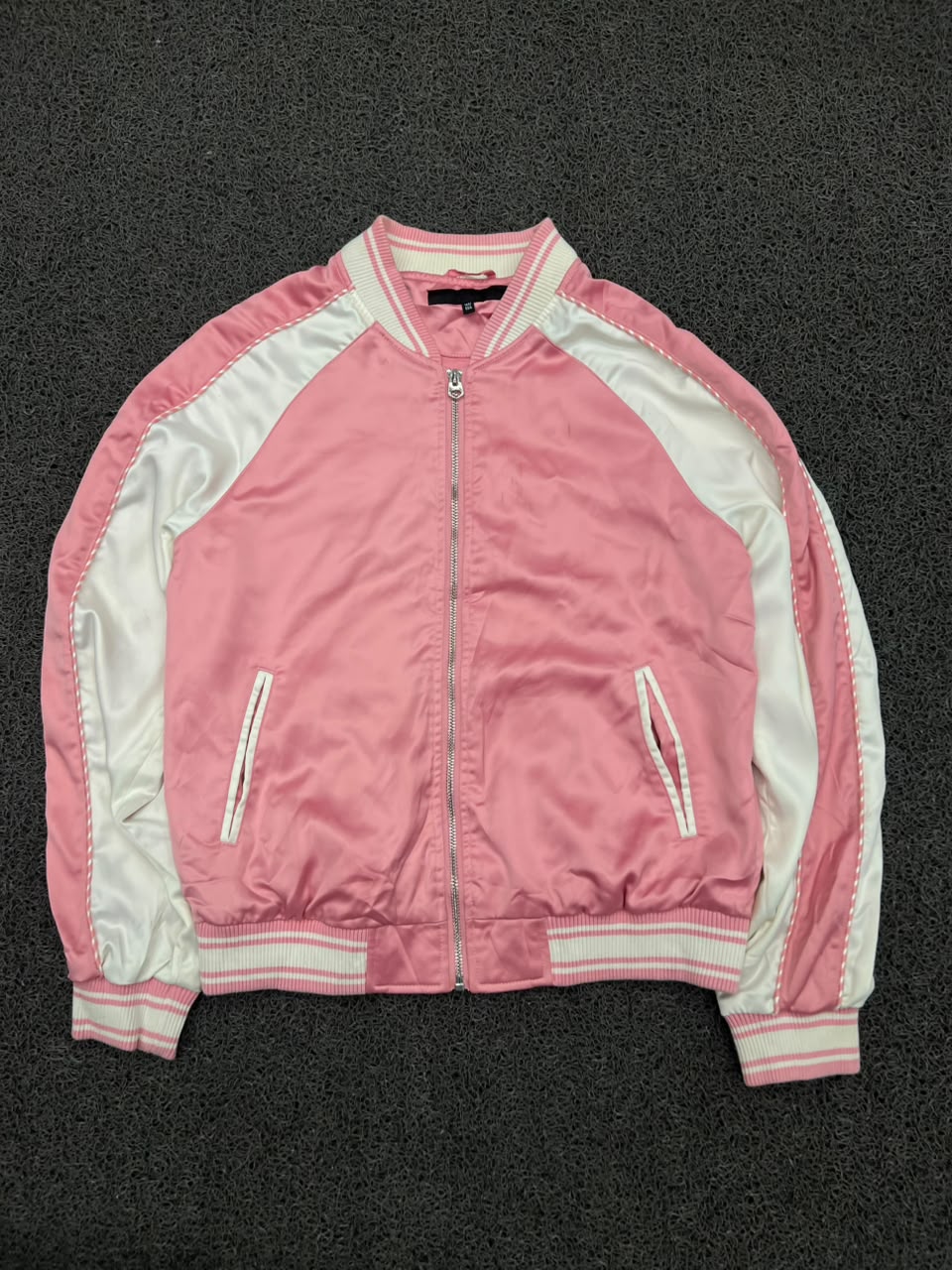 Pink & White Satin Bomber Jacket – Zip-Up Varsity Style
