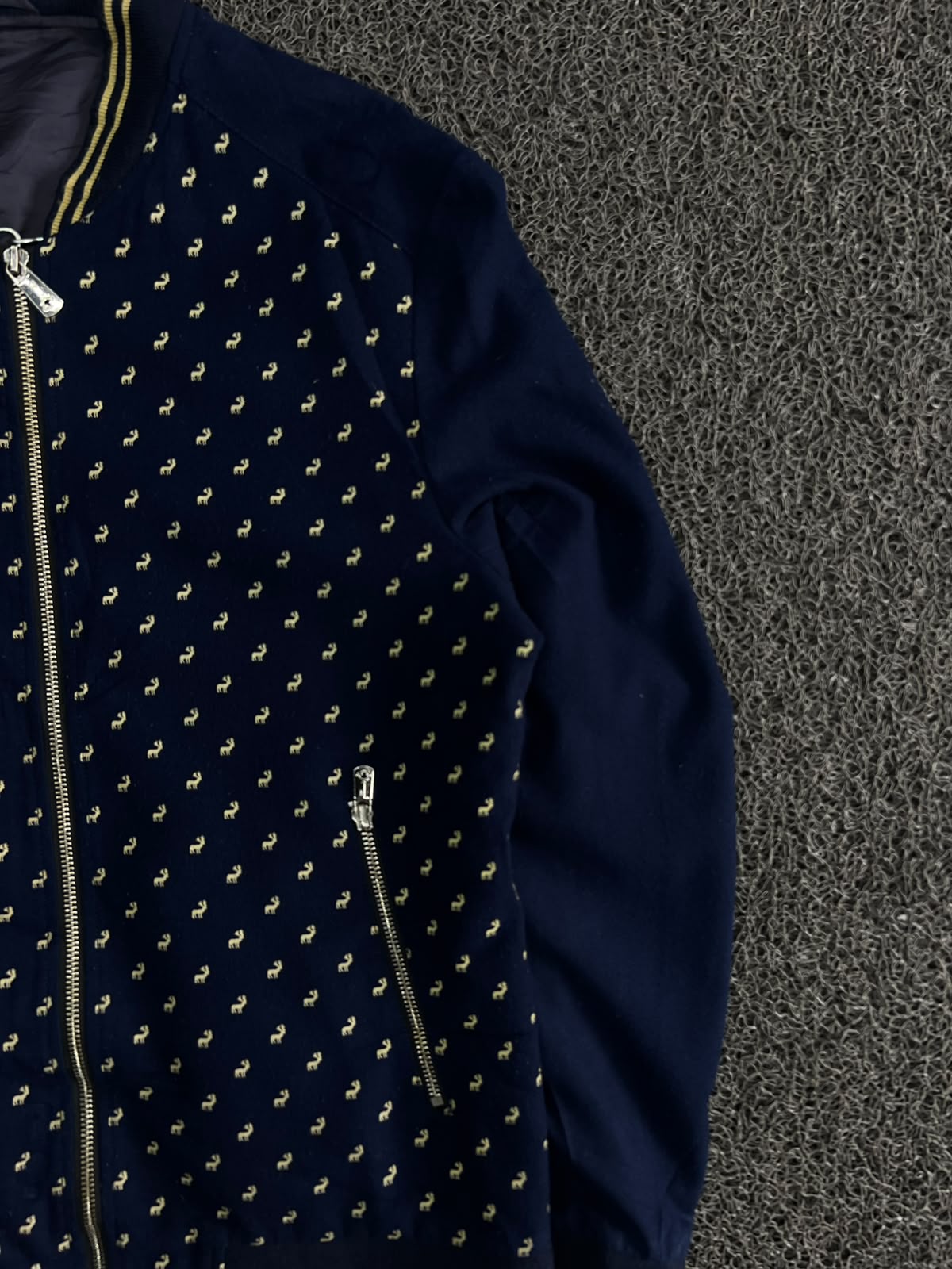 Navy Blue Patterned Bomber Jacket with Contrast Ribbed Trim