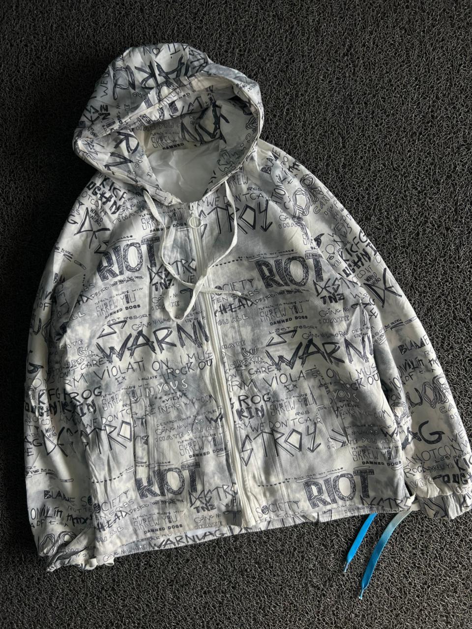Men's White Graphic Print Hooded Windbreaker Jacket – Full Zip Lightweight Streetwear Coat