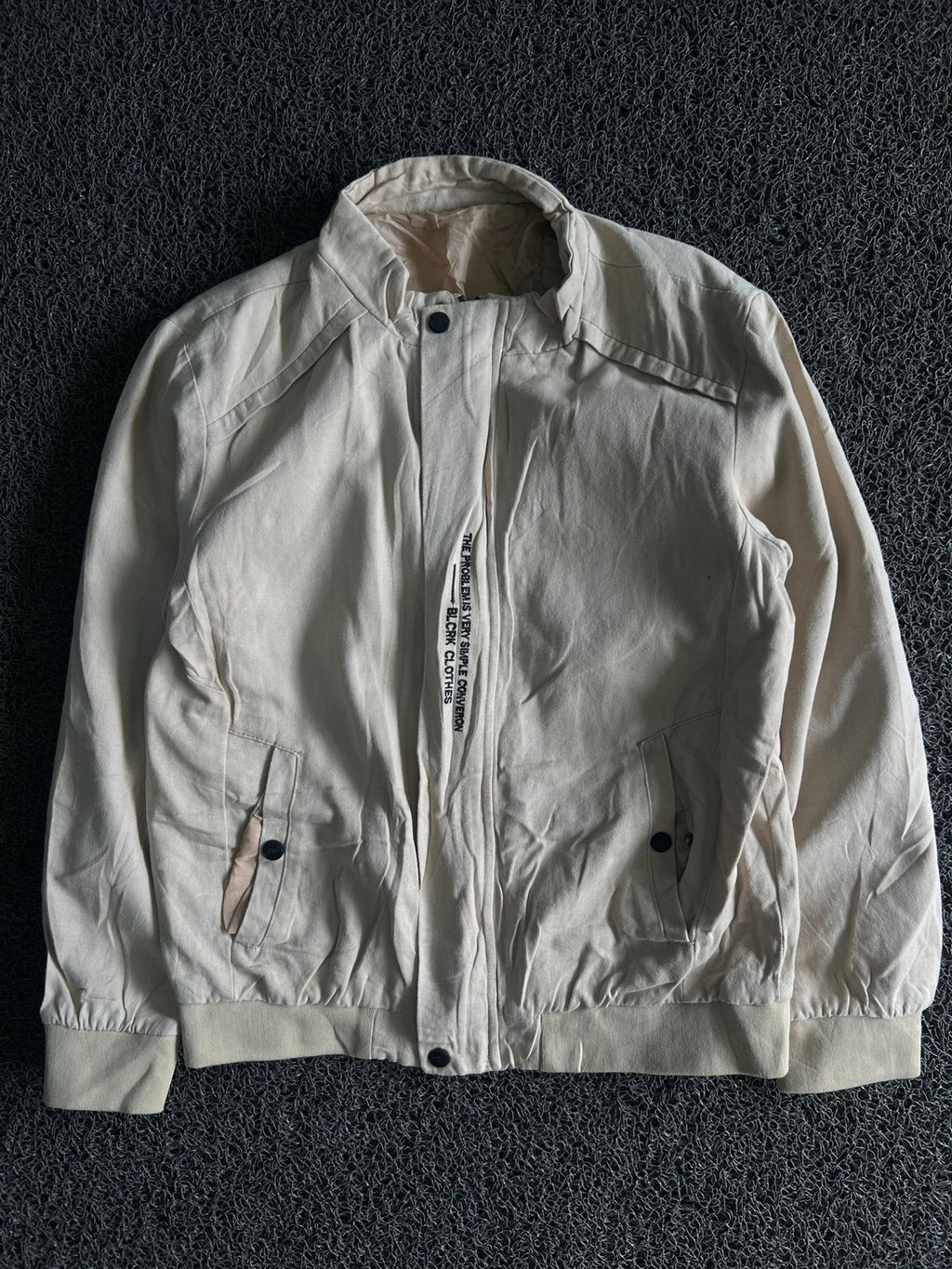 Men's Off-White Stand Collar Bomber Jacket – Ribbed Hem & Cuffs | Small Stain on Back Side
