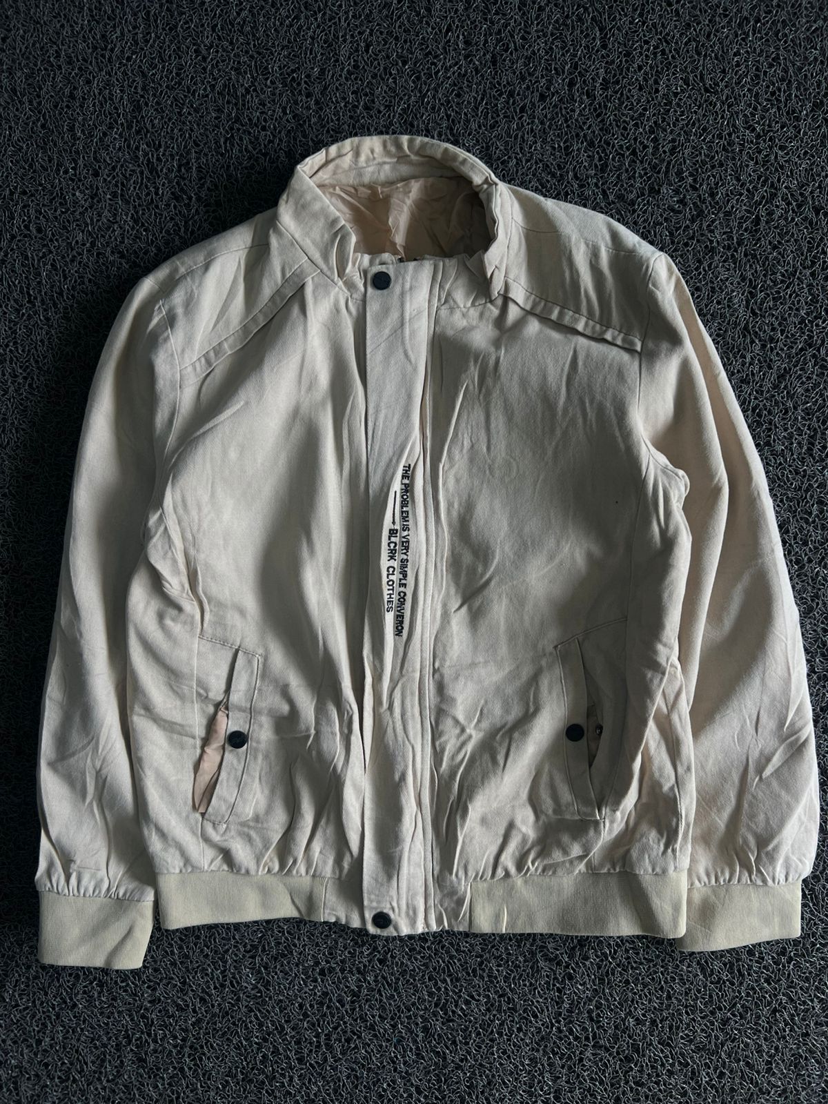 Men's Off-White Stand Collar Bomber Jacket – Ribbed Hem & Cuffs | Small Stain on Back Side
