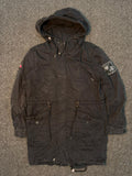 Vintage Black Hooded Military Parka Jacket with Utility Pockets & Sleeve Patch