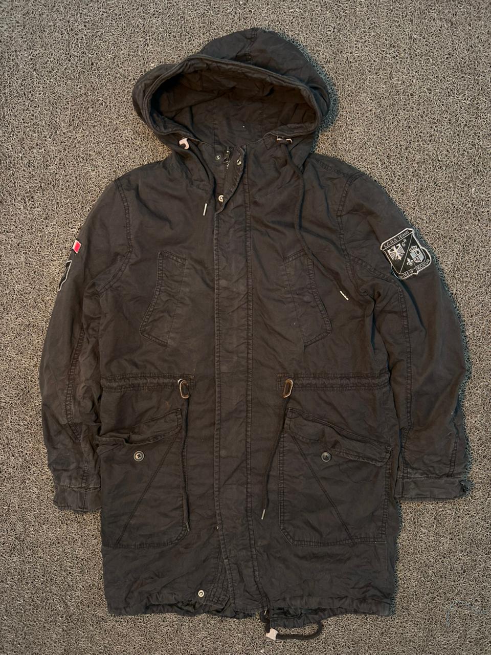 Vintage Black Hooded Military Parka Jacket with Utility Pockets & Sleeve Patch