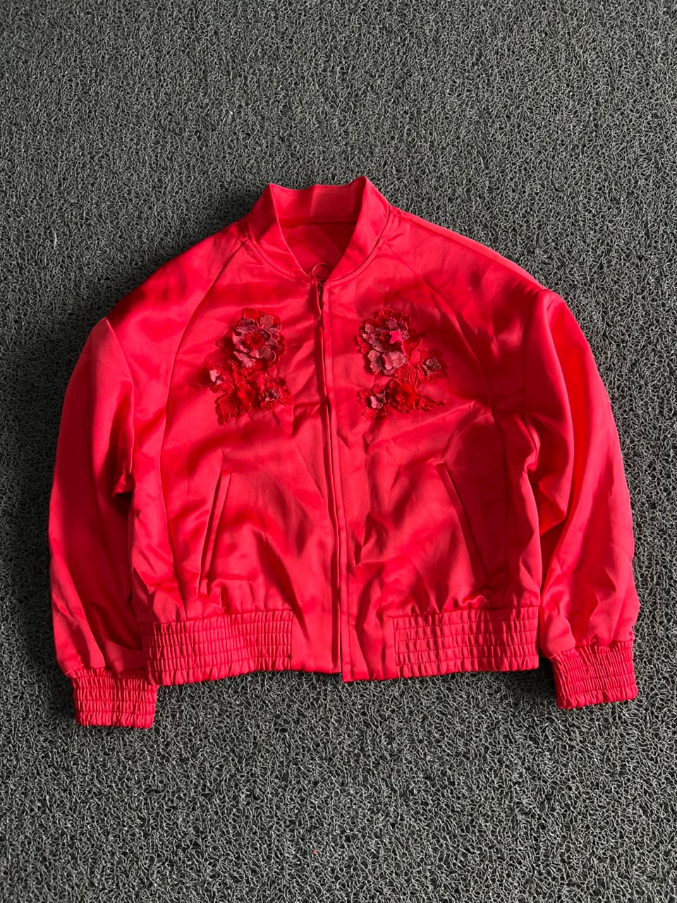 Women's Red Floral Embroidered Bomber Jacket