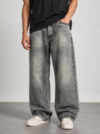 Vintage Grey Acid Wash Wide Leg Denim Jeans – Unisex Streetwear Baggy Fit