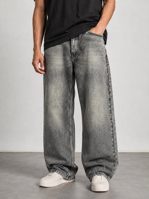 Vintage Grey Acid Wash Wide Leg Denim Jeans – Unisex Streetwear Baggy Fit