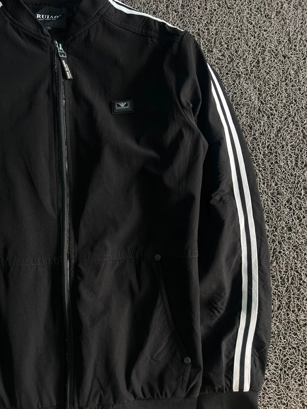 RUIAO Black Stripe Track Jacket – Full Zip Casual Bomber | Black/White