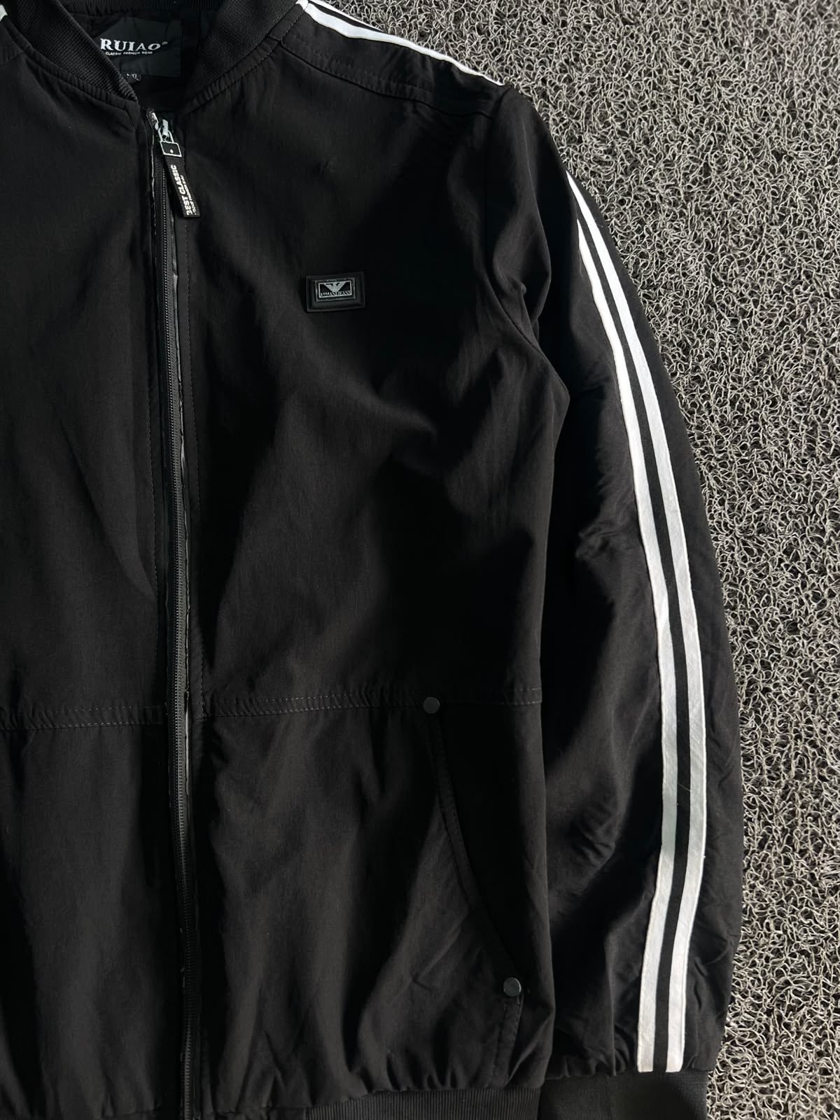 RUIAO Black Stripe Track Jacket – Full Zip Casual Bomber | Black/White