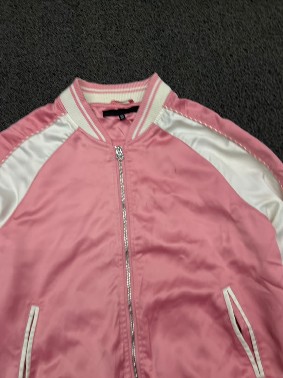 Pink & White Satin Bomber Jacket – Zip-Up Varsity Style