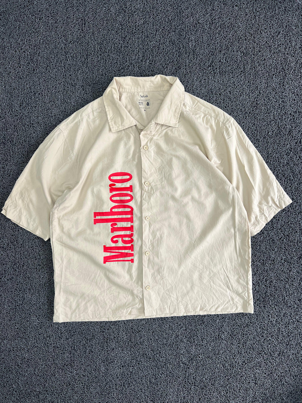 Splash White Oversized Marlboro Graphic Print Short Sleeve Casual Shirt