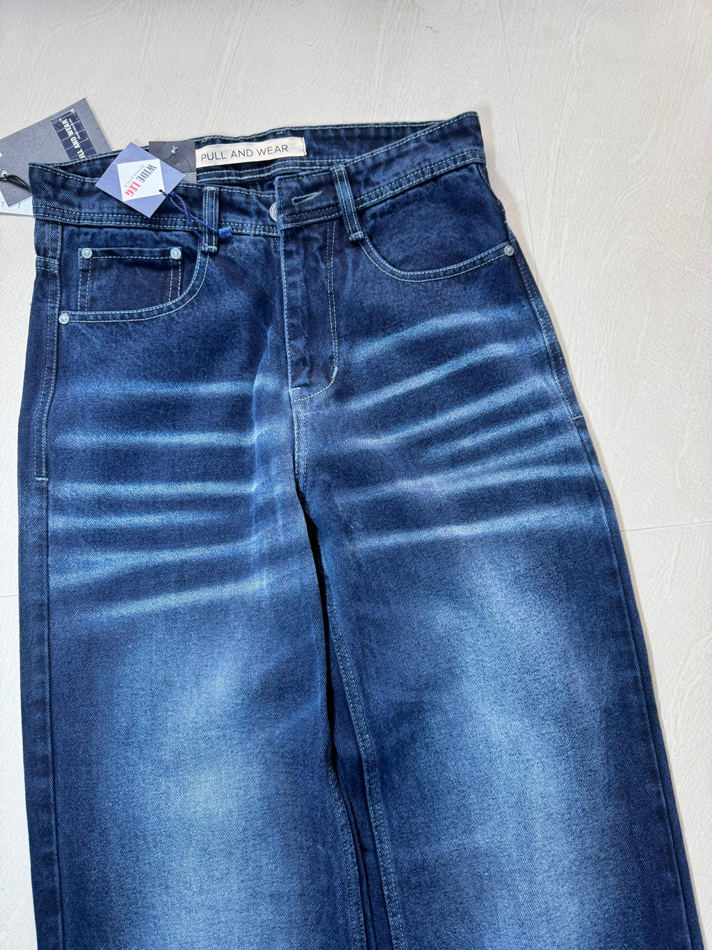 Men's Dark Blue Wide Leg Washed Jeans