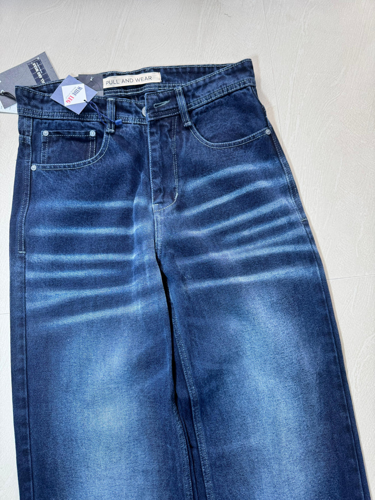 Men's Dark Blue Wide Leg Washed Jeans