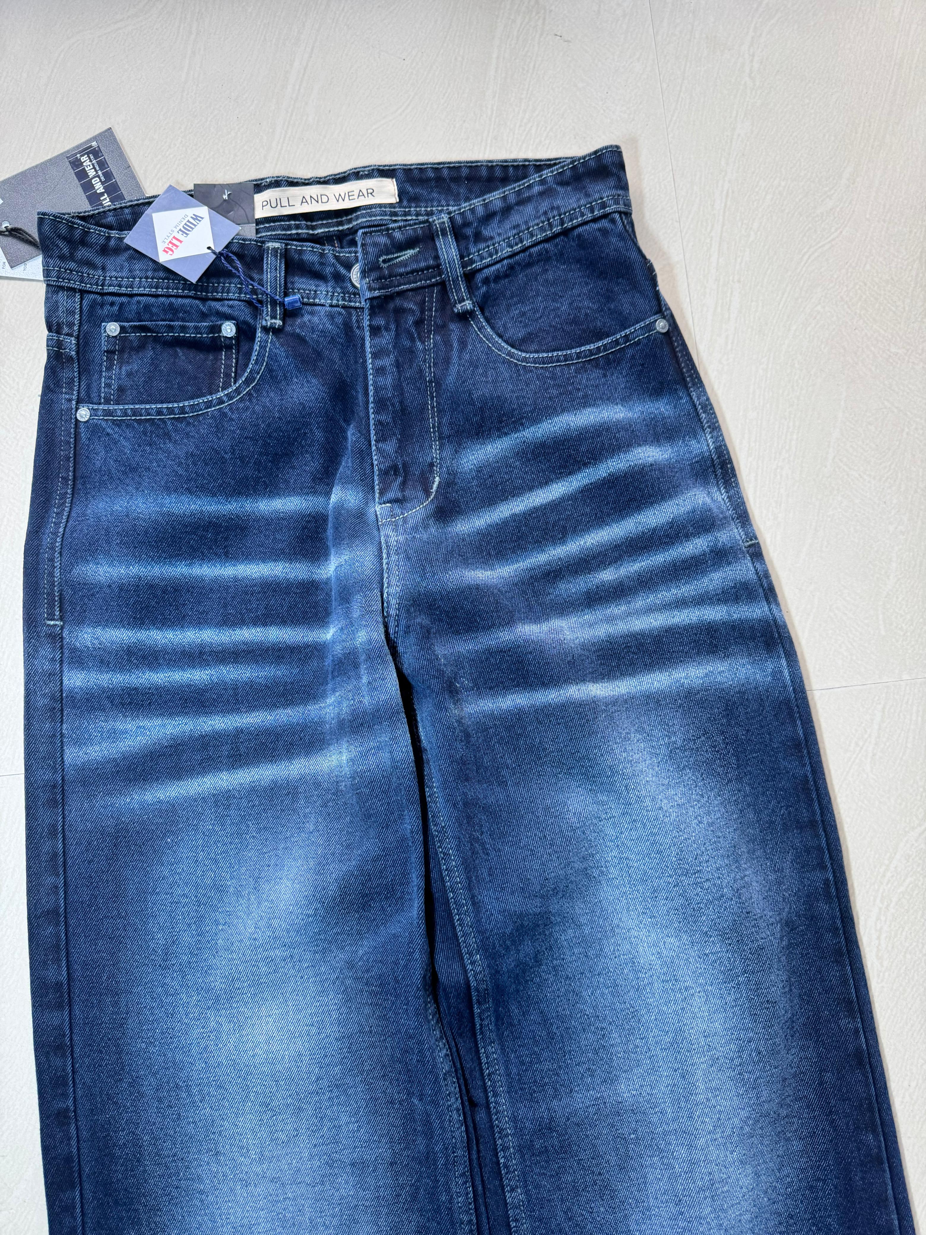 Men's Dark Blue Wide Leg Washed Jeans