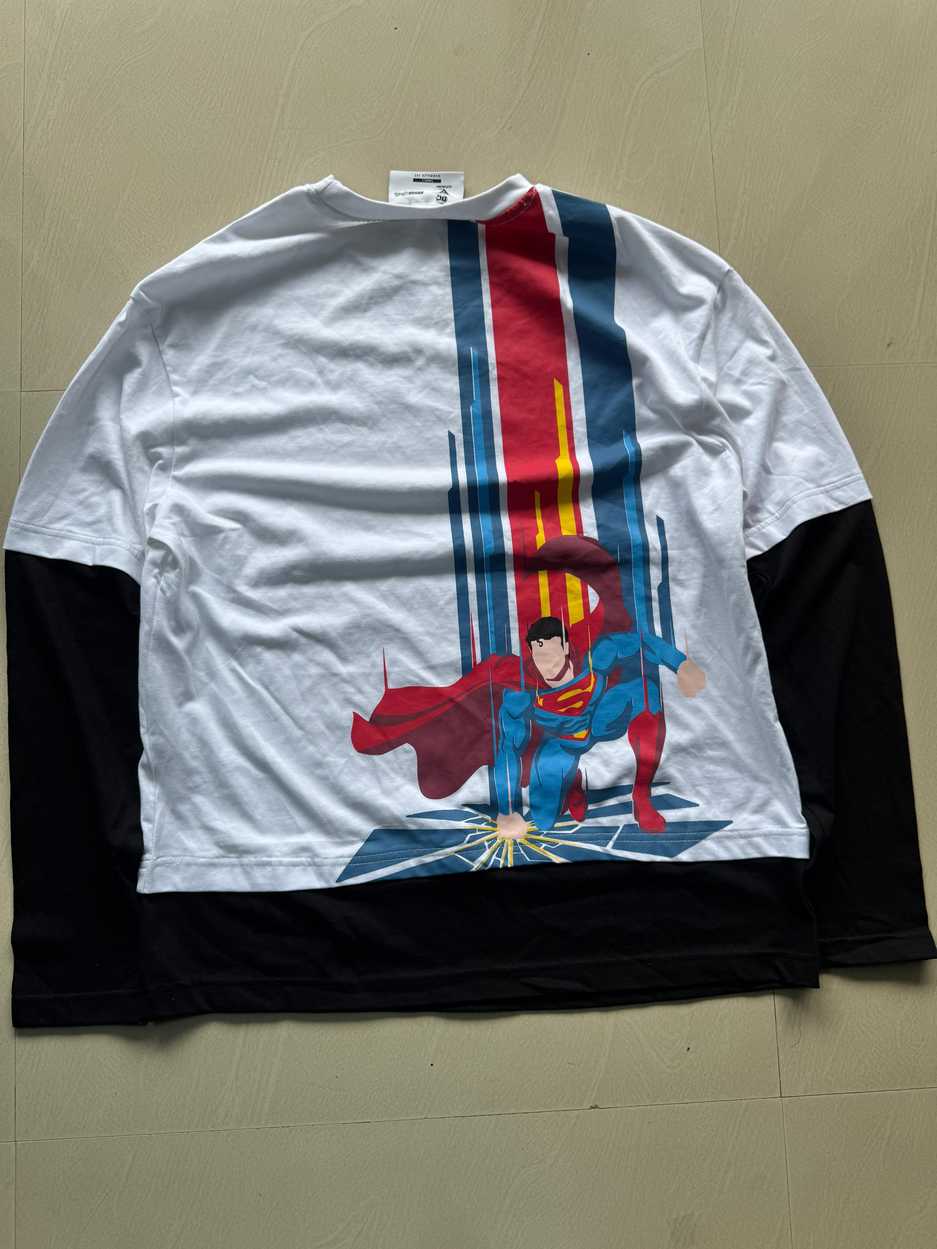 Superman Graphic Oversized Crew Neck Layered Full Sleeve T-Shirt