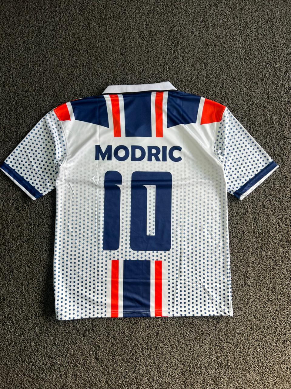 Modric #10 Retro Geometric Graphic Football Jersey- Five Sleeve - White/Navy/Red