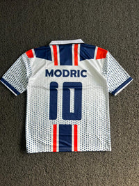 Modric #10 Retro Geometric Graphic Football Jersey- Five Sleeve - White/Navy/Red