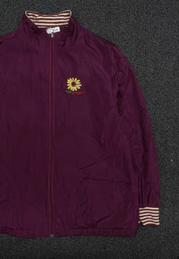 Vintage Full-Zip Windbreaker Jacket with Striped Ribbed Cuffs & Floral Embroidery