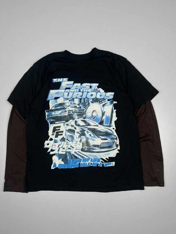 Fast and the Furious Graphic T-Shirt – Blue Racing Car Print with Brown Layered dr Sleeves