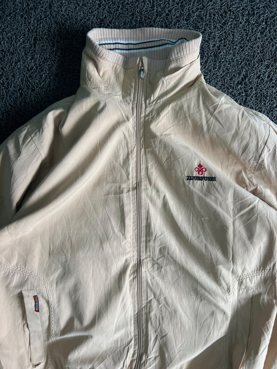 Cream Stand Collar Zip-Up Casual Jacket