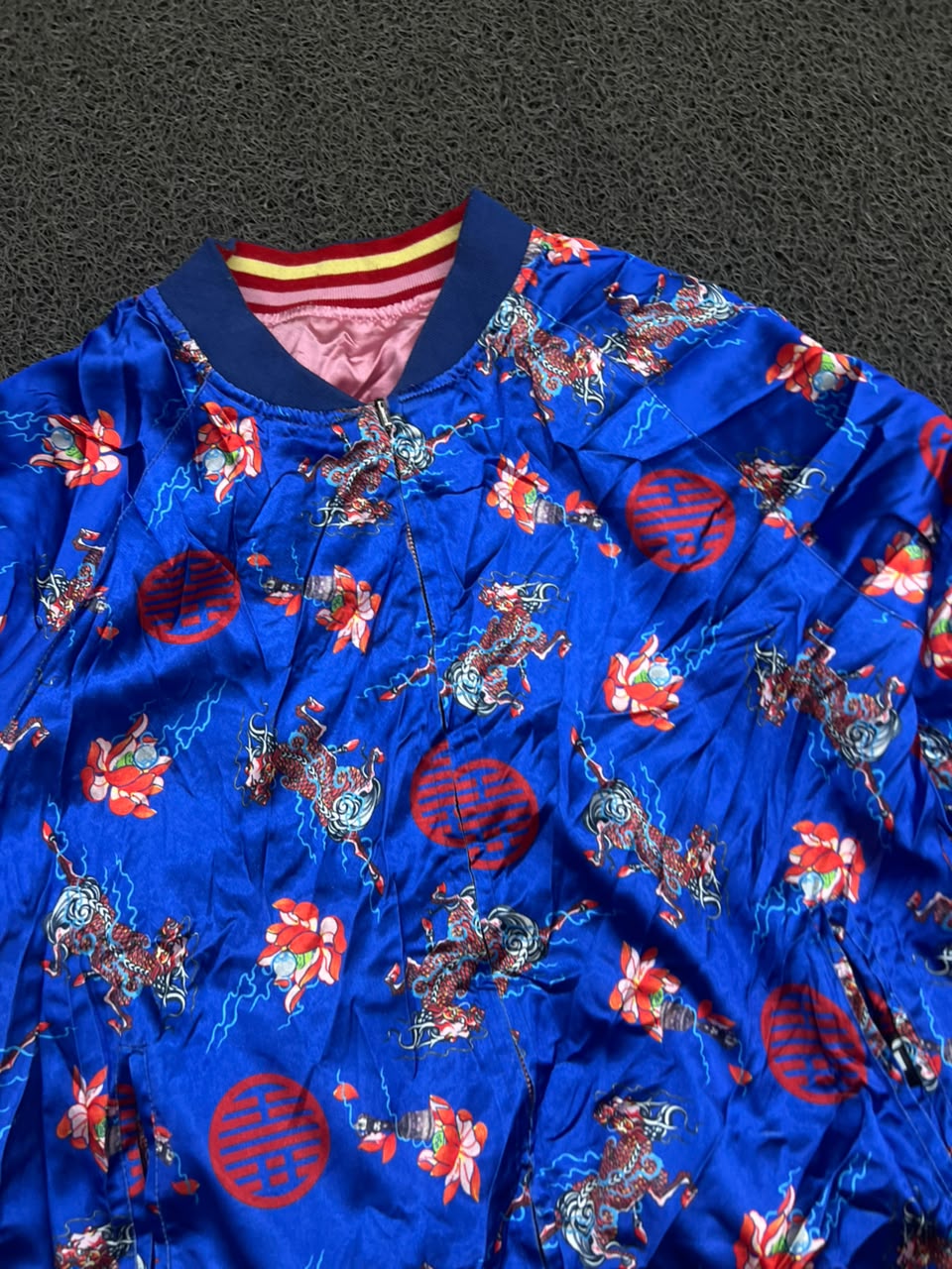Reversible Pink & Blue Embroidered Bomber Jacket – Floral & Dragon Print | Unisex Streetwear