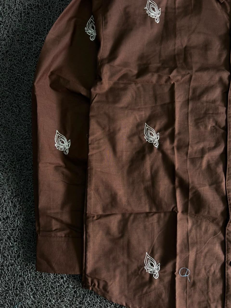Chally Brown Leaf Embroidery Button-Down Shirt