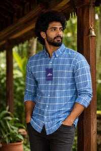 Barcode Blue Windowpane Check Button-Down Shirt – Long Sleeve Casual Men's Shirt