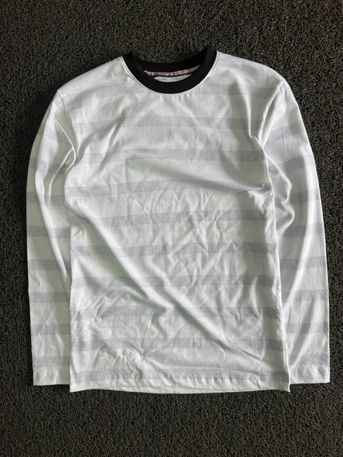 White Long-Sleeve Striped Crew Neck T-Shirt